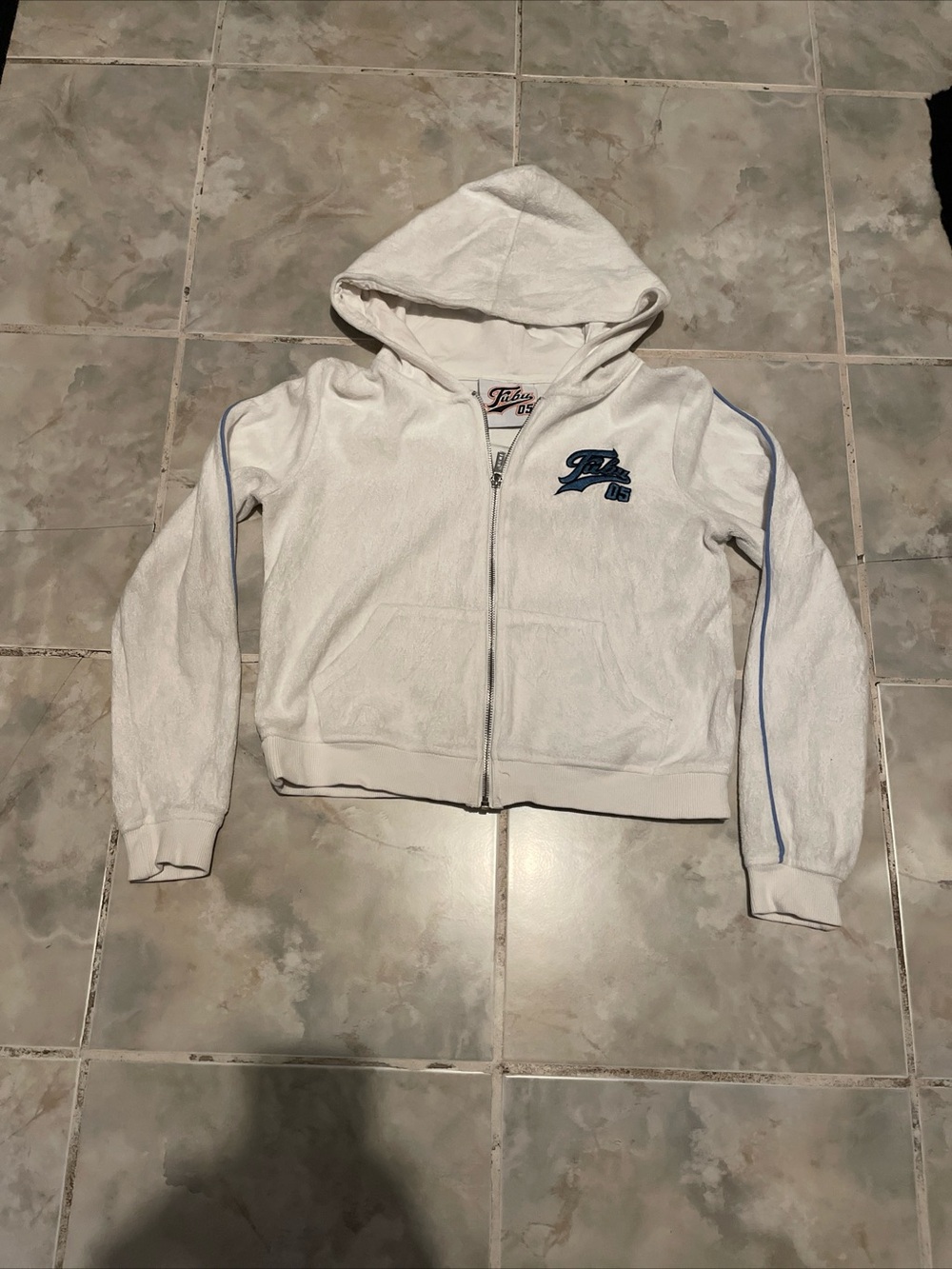 FUBU x Forever 21 Women’s Track Jacket White Velour Blue Trim SZ S Zip Up
